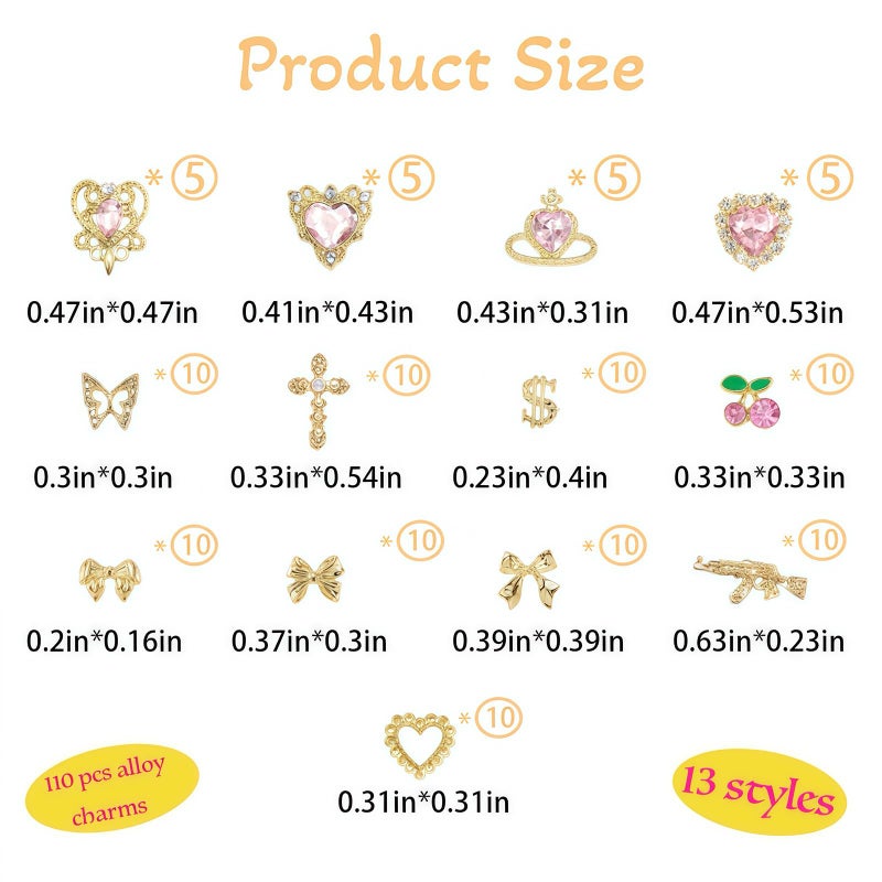 Pizadix 110 Pcs Gold Pink Nail Charms Y2K with Heart, Cherries, Bows, Butterflies, Guns, Crosses, Dollars - Image 2