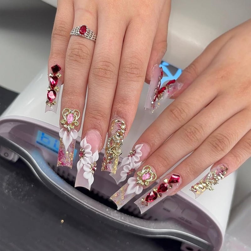 Pizadix 110 Pcs Gold Pink Nail Charms Y2K with Heart, Cherries, Bows, Butterflies, Guns, Crosses, Dollars - Image 3