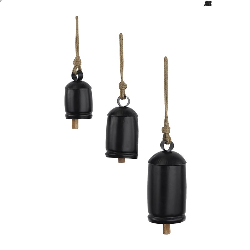 Deco 79 Metal Decorative Cow Bells Tibetan Inspired with Jute Hanging Rope, 10",8",5.9"H, Black - Image 1