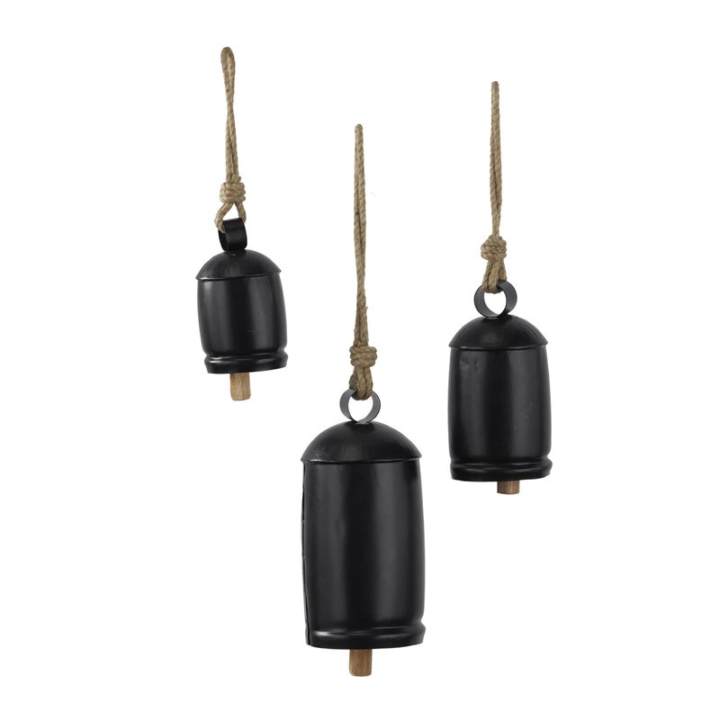 Deco 79 Metal Decorative Cow Bells Tibetan Inspired with Jute Hanging Rope, 10",8",5.9"H, Black - Image 2