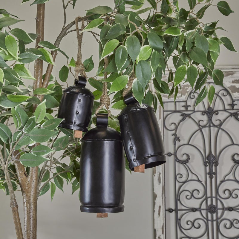 Deco 79 Metal Decorative Cow Bells Tibetan Inspired with Jute Hanging Rope, 10",8",5.9"H, Black - Image 3