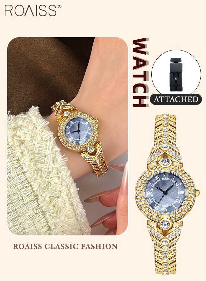 roaiss Women's Alloy Strap Quartz Watch, Analog Display Round Blue Mother-of-Pearl Dial, Luxury Exquisite Gold Waterproof Wristwatch with Rhinestone Decoration as Gift for Women - Image 1