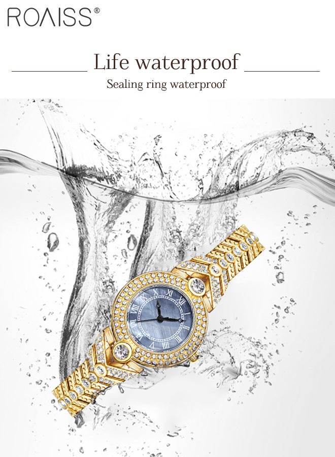 roaiss Women's Alloy Strap Quartz Watch, Analog Display Round Blue Mother-of-Pearl Dial, Luxury Exquisite Gold Waterproof Wristwatch with Rhinestone Decoration as Gift for Women - Image 5