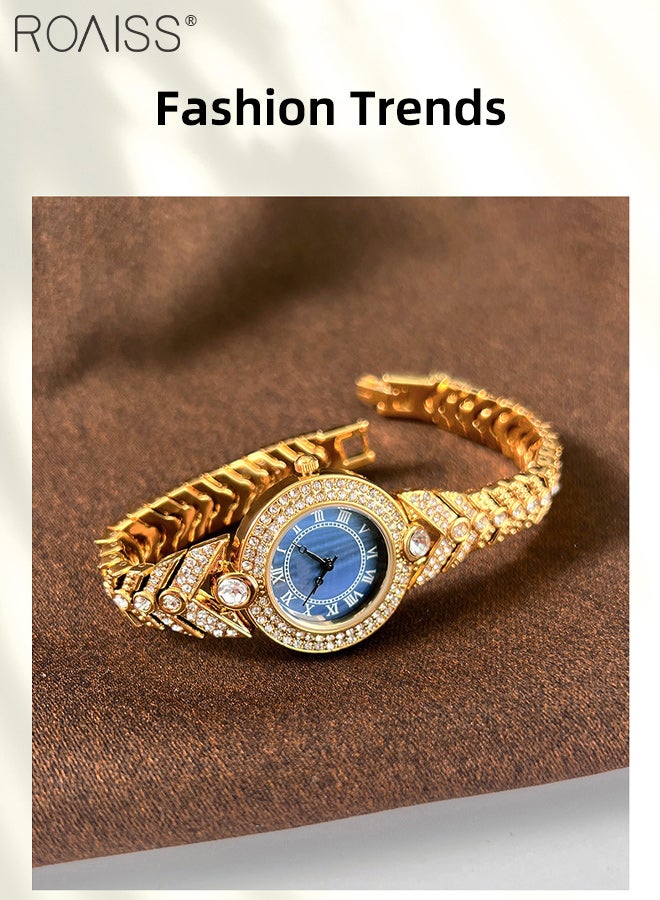 roaiss Women's Alloy Strap Quartz Watch, Analog Display Round Blue Mother-of-Pearl Dial, Luxury Exquisite Gold Waterproof Wristwatch with Rhinestone Decoration as Gift for Women - Image 4