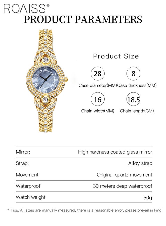 roaiss Women's Alloy Strap Quartz Watch, Analog Display Round Blue Mother-of-Pearl Dial, Luxury Exquisite Gold Waterproof Wristwatch with Rhinestone Decoration as Gift for Women - Image 3