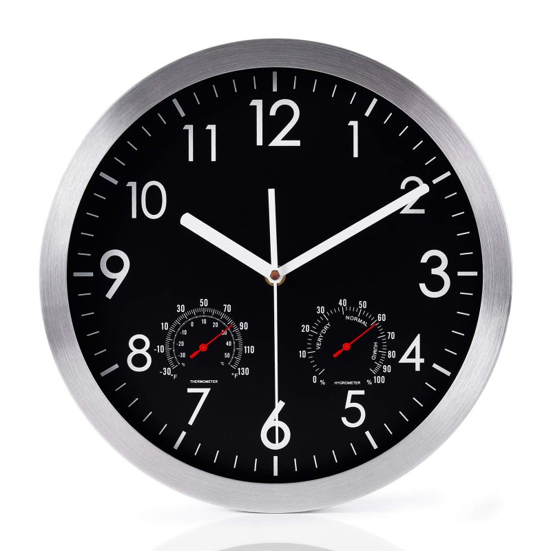 WOOPHEN 12 Inch Silent Non Ticking Wall Clock Sweep Movement Silver Aluminum Frame Glass Cover for Office Home Bathroom Kitchen Bedroom School Living Room Black