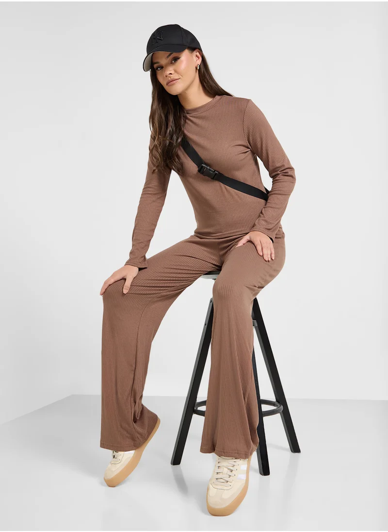 Ginger Ribbed Jersey Fitted Top & Flared Pant Set