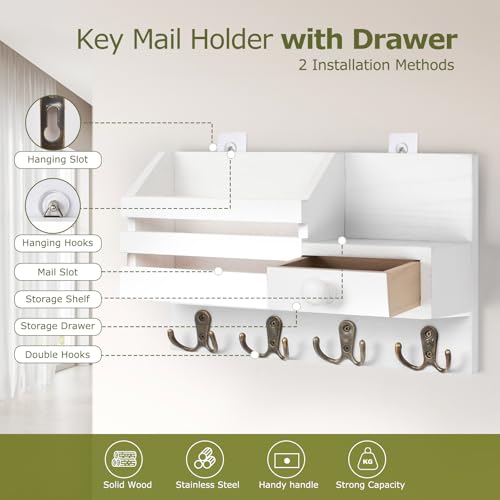 HOMEBROS Key Holder Wall Mount, Wooden Adhesive Mail and Key Organizer with Drawer, Small Shelf, 8 Hooks, 2 Installation Methods, White - Image 3