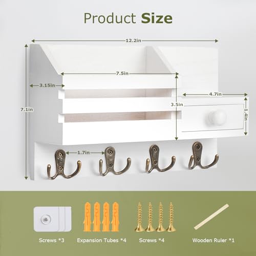 HOMEBROS Key Holder Wall Mount, Wooden Adhesive Mail and Key Organizer with Drawer, Small Shelf, 8 Hooks, 2 Installation Methods, White - Image 5