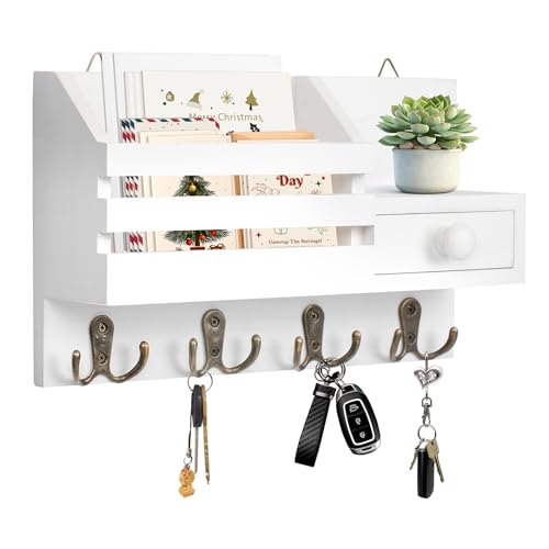 HOMEBROS Key Holder Wall Mount, Wooden Adhesive Mail and Key Organizer with Drawer, Small Shelf, 8 Hooks, 2 Installation Methods, White - Image 1