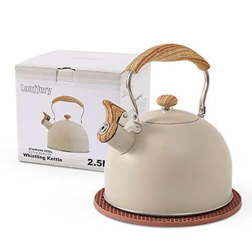 LONFFERY Tea Kettle for Stove Top 25 Quart Whistling Tea Kettle with Food Grade Stainless Steel and Wood Pattern Folding Handle Creamy White