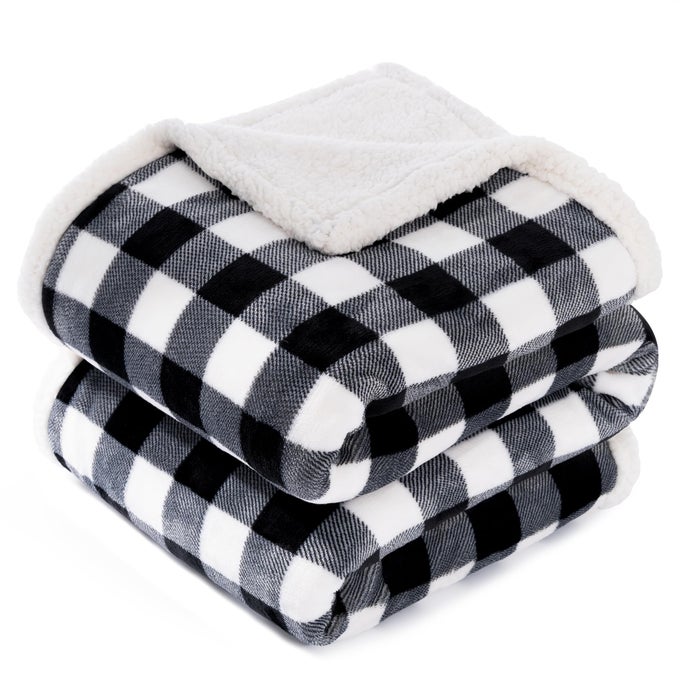 SHERPA FLEECE FLANNEL THROW BLANKET SUPER SOFT WARM BUFFALO PLAID PLUSH BLANKETS AND THROWS LIGHTWEIGHT COZY FUZZY BLANKET FOR COUCH SOFA BED BLACK THROW 50 X 60