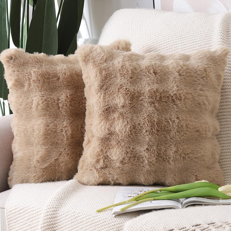 MADIZZ Pack of 2 Thick Plush Wool Throw Pillow Covers 18x18 Inch Camel Soft Neutral Decorative Throw Pillows Accent Boho Cushion Covers for Couch Sofa Bedroom Pillow Shell - Image 1