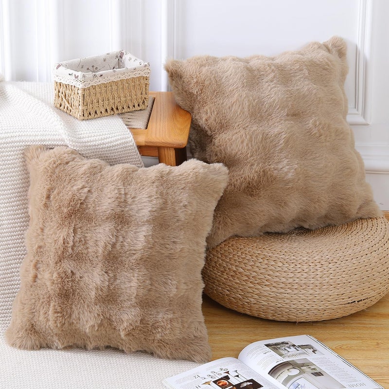 MADIZZ Pack of 2 Thick Plush Wool Throw Pillow Covers 18x18 Inch Camel Soft Neutral Decorative Throw Pillows Accent Boho Cushion Covers for Couch Sofa Bedroom Pillow Shell - Image 2