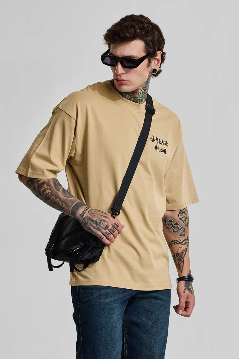 سنيتش Beige Graphic Half Sleeve Oversized Streetwear T-Shirt