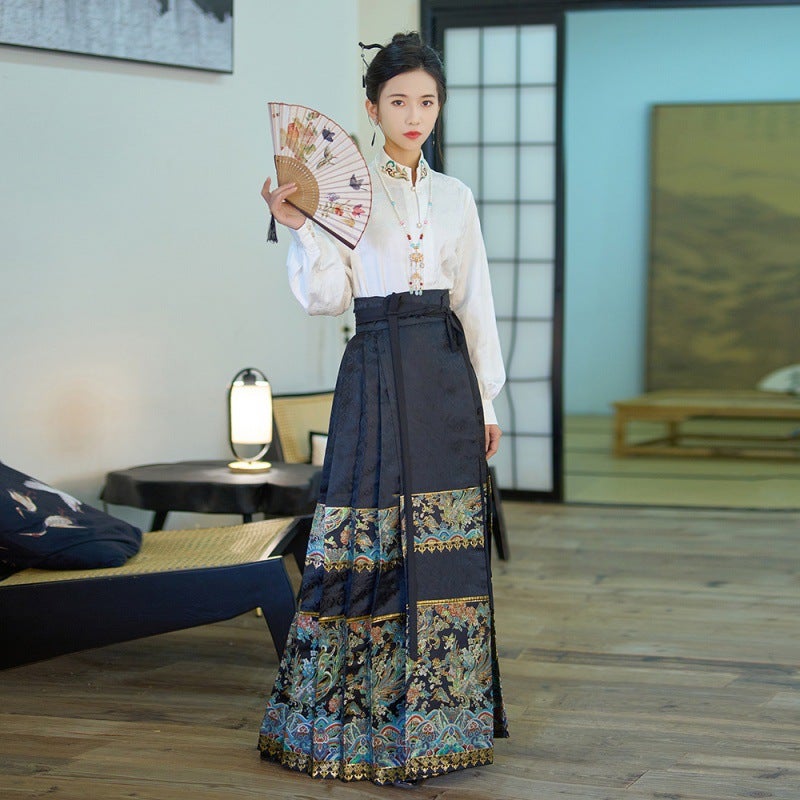 Real S Original Hanfu Tie New Chinese Style Women'S Clothing Stand Collar Vintage Jacquard Woven Gold Imitation Makeup Flower Horse Face Dress Suit - Image 4