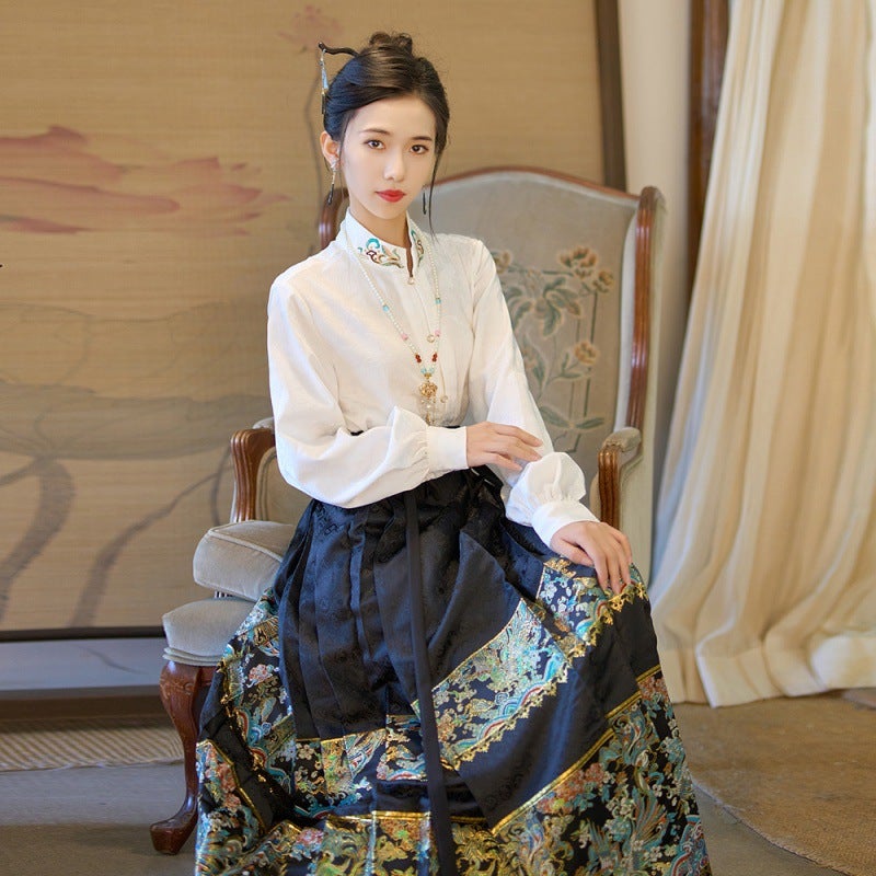 Real S Original Hanfu Tie New Chinese Style Women'S Clothing Stand Collar Vintage Jacquard Woven Gold Imitation Makeup Flower Horse Face Dress Suit - Image 2