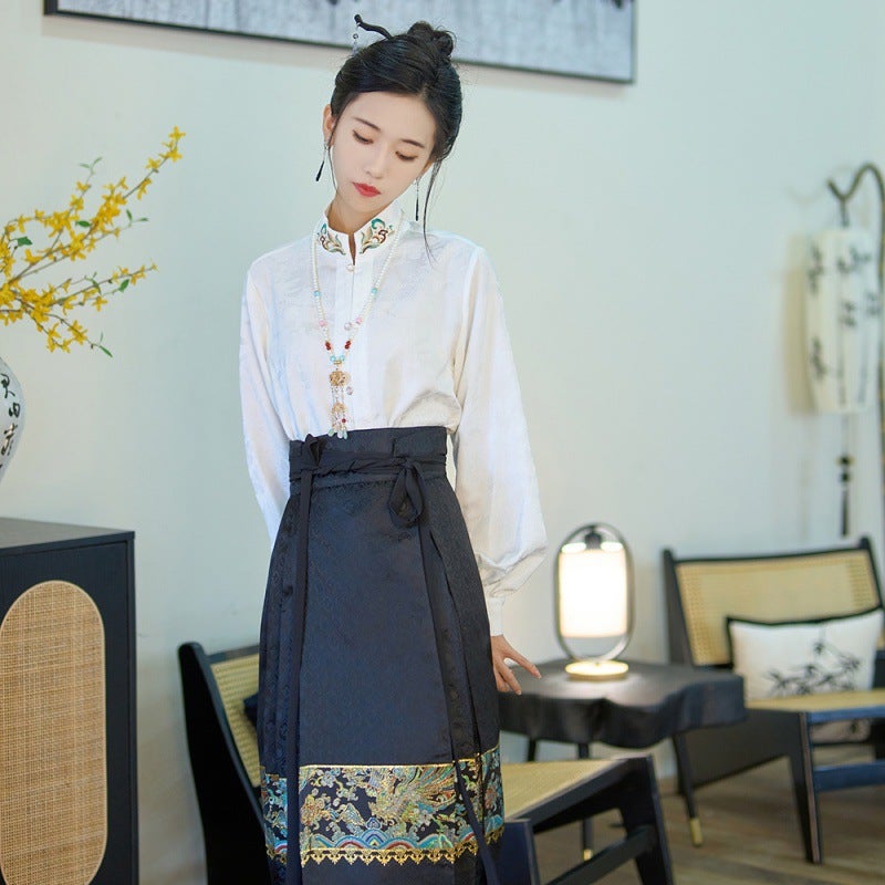 Real S Original Hanfu Tie New Chinese Style Women'S Clothing Stand Collar Vintage Jacquard Woven Gold Imitation Makeup Flower Horse Face Dress Suit - Image 5