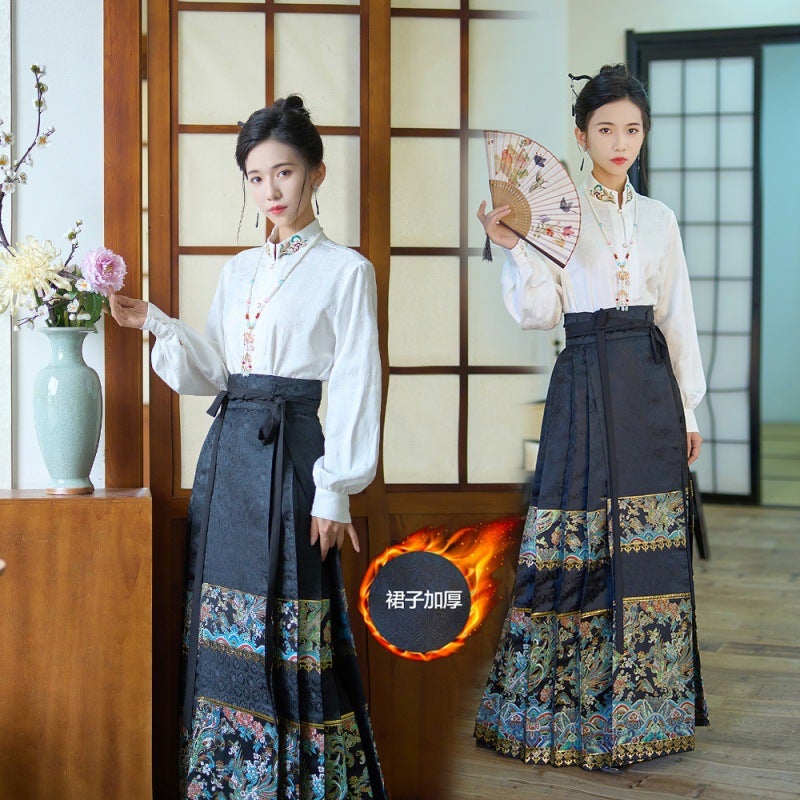 Real S Original Hanfu Tie New Chinese Style Women'S Clothing Stand Collar Vintage Jacquard Woven Gold Imitation Makeup Flower Horse Face Dress Suit - Image 1