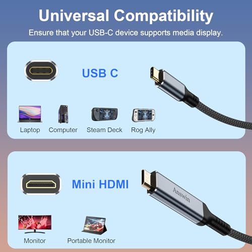 Answin كابل أنسوين USB C إلى Mini HDMI 6FT (ليس HDMI)، 4K@30Hz/2K@60Hz من نوع C إلى Mini HDMI لماك بوك، آيباد برو، آيفون 15/16/17، جالاكسي S25، ستيم ديك، ROG Ally، لابتوب إلى شاشة محمولة - Image 5