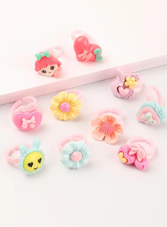 Girls Set of 10 - Cartoon Flower Adjustable Rings