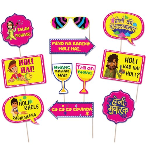Festiko Bollywood Holi Photo Booth Props (Set of 11 Pcs), Holi Props for Photoshoot, Happy Holi Decoration, Holi Decoration Items, Holi Party Supplies - Image 1
