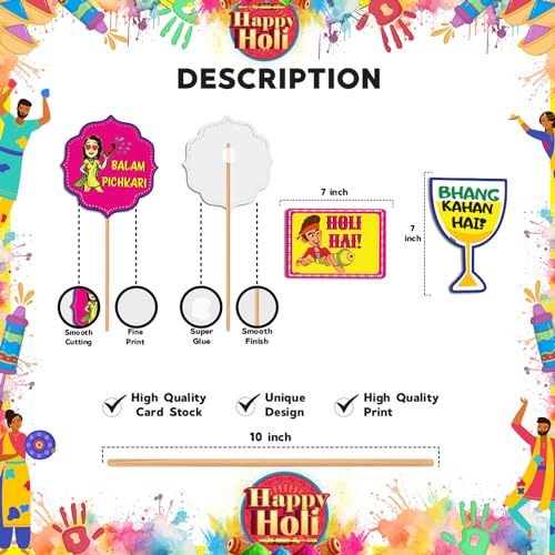 Festiko Bollywood Holi Photo Booth Props (Set of 11 Pcs), Holi Props for Photoshoot, Happy Holi Decoration, Holi Decoration Items, Holi Party Supplies - Image 2