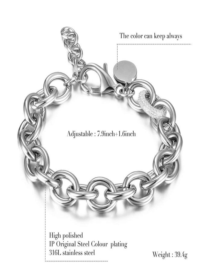 CIUNOFOR CZ Bracelet for Women Girls Wide Cuban Curb Link Bracelet Italian Style Oval Bracelet Silver Rose Gold Plated Adjustable Stainless Steel Chain with Round Disc Charm White - Image 5
