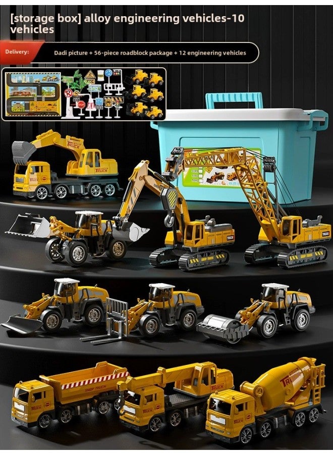 Children's Alloy Engineering Vehicle Excavator Suit Boy Simulation Model Push Excavator Mixer Truck Crane Toy-Color:Extra Large Top Configuration - 10 Engineering Vehicles [free 12 Cars + 2 Storage Buckets + 2 Maps + 2 Road Signs] - Image 1