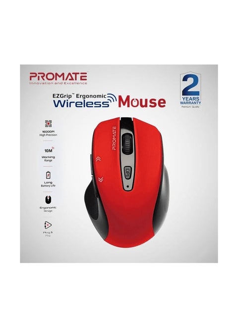 EZGrip Ergonomic Wireless Mouse-Cursor,10M Working Range 2405-2475Mhz 2.4Ghz 1600 DPI High Precision 2 Years Red With Black PR0MATE