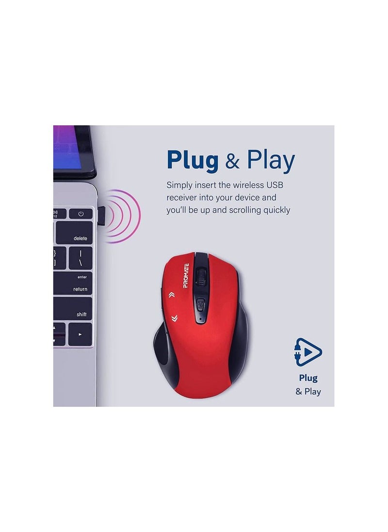 EZGrip Ergonomic Wireless Mouse-Cursor,10M Working Range 2405-2475Mhz 2.4Ghz 1600 DPI High Precision 2 Years Red With Black PR0MATE