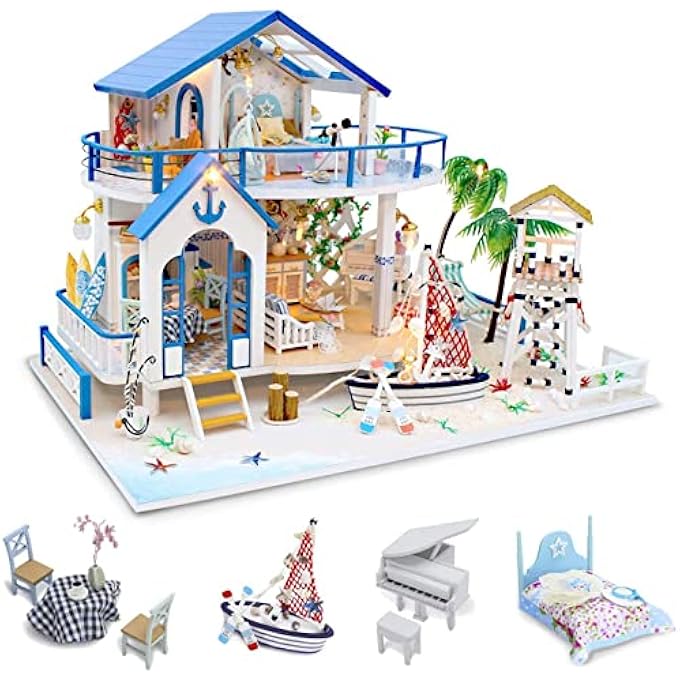 طقم منزل دمى DIY، منزل دمى خشبي مصغر مع أثاث وموسيقى، طقم بناء منزل صغير، أطقم مصغرة DIY، أسطورة البحر الأزرق، هدية لعيد الميلاد - Image 1