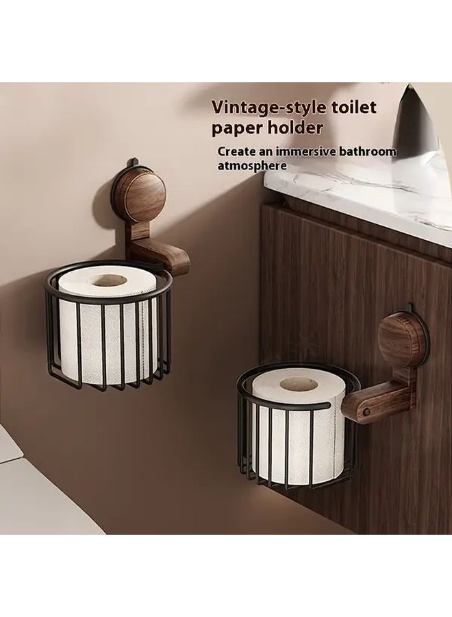 Suction Cup Toilet Paper Holder Wall Mounted Black Walnut Bathroom Storage Rack - Image 2