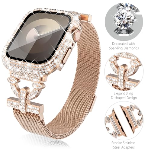 WINGLE Milanese Loop for Apple Watch Bands Women 44mm SE 3/2/1 Series 6 5 4 Slim Magnetic Metal Mesh Band with Bling Glitter Case Screen Protector Dressy Apple Watch Band iWatch Strap, Rose Gold - Image 2