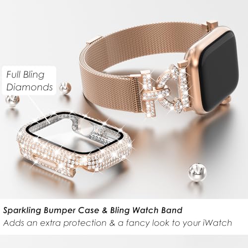 WINGLE Milanese Loop for Apple Watch Bands Women 44mm SE 3/2/1 Series 6 5 4 Slim Magnetic Metal Mesh Band with Bling Glitter Case Screen Protector Dressy Apple Watch Band iWatch Strap, Rose Gold - Image 4