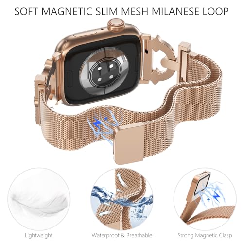 WINGLE Milanese Loop for Apple Watch Bands Women 44mm SE 3/2/1 Series 6 5 4 Slim Magnetic Metal Mesh Band with Bling Glitter Case Screen Protector Dressy Apple Watch Band iWatch Strap, Rose Gold - Image 3