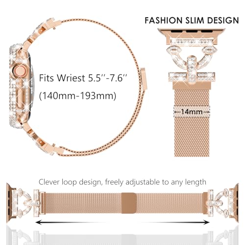 WINGLE Milanese Loop for Apple Watch Bands Women 44mm SE 3/2/1 Series 6 5 4 Slim Magnetic Metal Mesh Band with Bling Glitter Case Screen Protector Dressy Apple Watch Band iWatch Strap, Rose Gold - Image 5
