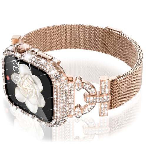 WINGLE Milanese Loop for Apple Watch Bands Women 44mm SE 3/2/1 Series 6 5 4 Slim Magnetic Metal Mesh Band with Bling Glitter Case Screen Protector Dressy Apple Watch Band iWatch Strap, Rose Gold - Image 1