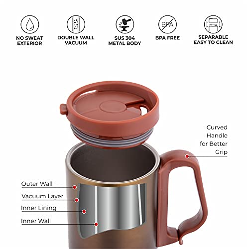DUBBLIN Casa Stainless Steel Unbreakable Tea Coffee Mug Double Wall with Handle and Lid, Wide Mouth Mug Keeps Beverages Hot & Cold 270 ML Golden - Image 2