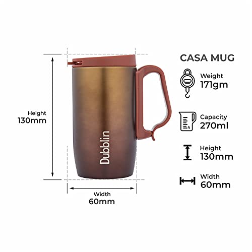 DUBBLIN Casa Stainless Steel Unbreakable Tea Coffee Mug Double Wall with Handle and Lid, Wide Mouth Mug Keeps Beverages Hot & Cold 270 ML Golden - Image 3