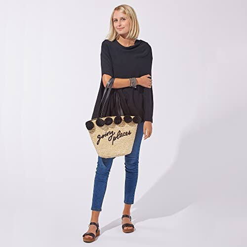 Hadley Wren Women's Classic Colorblock Everyday Cotton Poncho, Black Solid Solid, One Size - Image 5
