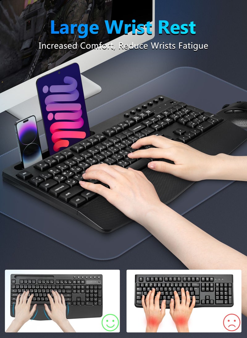 HUO JI Wireless Arabic-English Keyboard and Mouse Set, Full-Size Ergonomic Keyboard with Wrist Rest & Phone Holder, Silent 2.4GHz Cordless Set, Compatible with Windows, Mac, PC, Laptop - Image 2