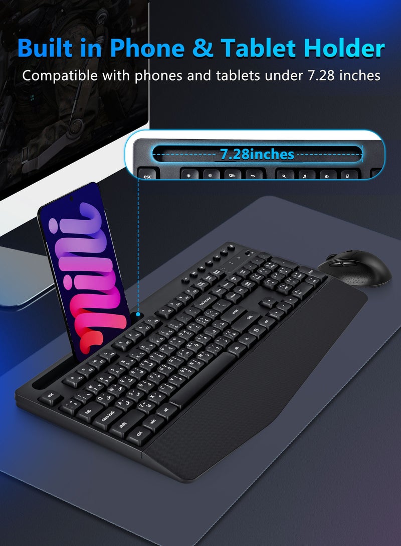HUO JI Wireless Arabic-English Keyboard and Mouse Set, Full-Size Ergonomic Keyboard with Wrist Rest & Phone Holder, Silent 2.4GHz Cordless Set, Compatible with Windows, Mac, PC, Laptop - Image 3