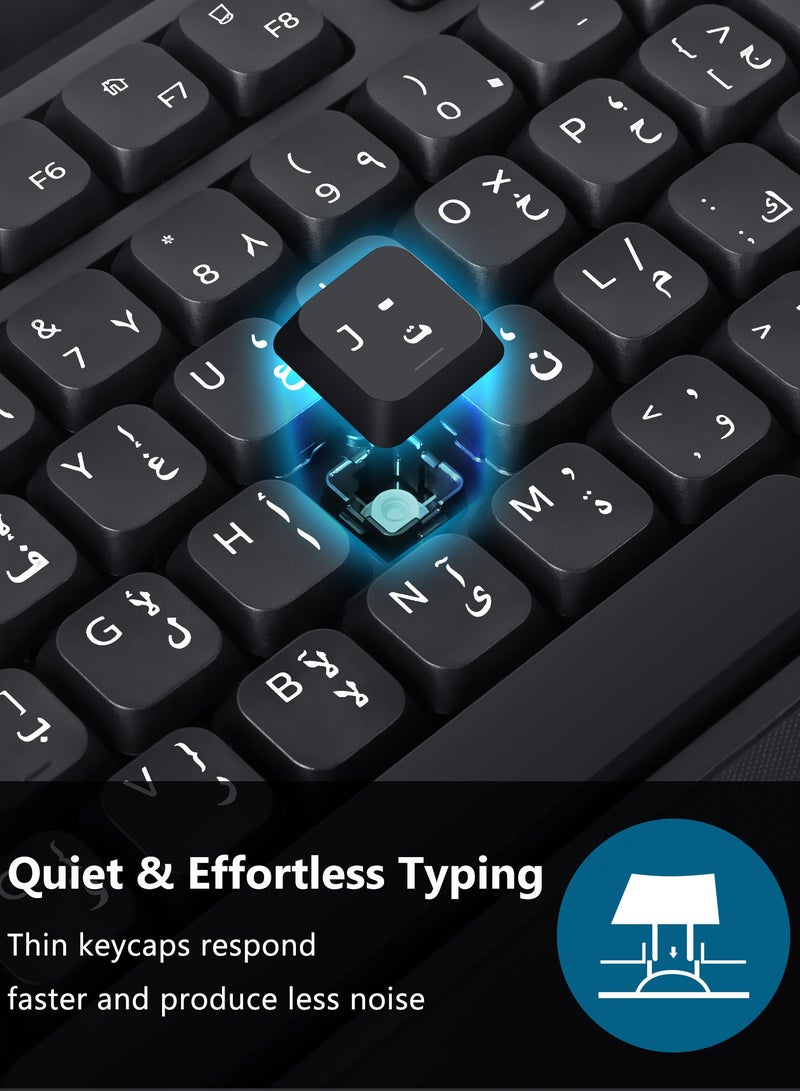 HUO JI Wireless Arabic-English Keyboard and Mouse Set, Full-Size Ergonomic Keyboard with Wrist Rest & Phone Holder, Silent 2.4GHz Cordless Set, Compatible with Windows, Mac, PC, Laptop - Image 4