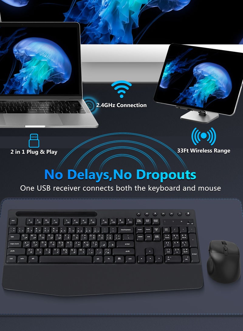 HUO JI Wireless Arabic-English Keyboard and Mouse Set, Full-Size Ergonomic Keyboard with Wrist Rest & Phone Holder, Silent 2.4GHz Cordless Set, Compatible with Windows, Mac, PC, Laptop - Image 5