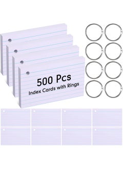 500 Pcs Index Cards With Rings Study Supplies Punched Lined Flash Cards With Holes Ruled Single Hole Note Cards With Metal Rings For Classroom Kids Adults Office (White, 3 X 5 Inch)