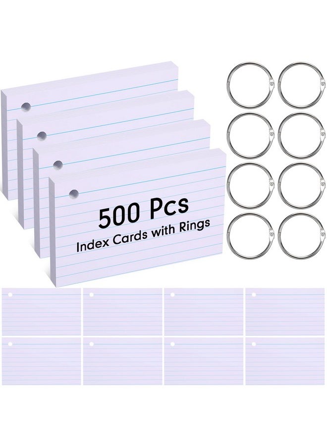 Yexiya - 500 Pcs Index Cards With Rings Study Supplies Punched Lined Flash Cards With Holes Ruled Single Hole Note Cards With Metal Rings For Classroom Kids Adults Office (White, 3 X 5 Inch) - Image 1