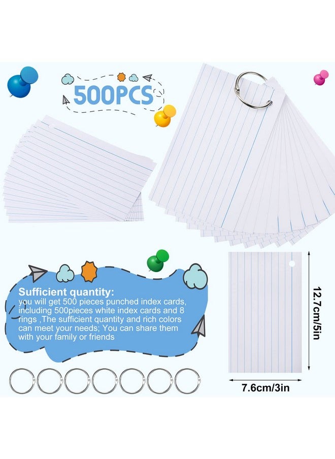 Yexiya - 500 Pcs Index Cards With Rings Study Supplies Punched Lined Flash Cards With Holes Ruled Single Hole Note Cards With Metal Rings For Classroom Kids Adults Office (White, 3 X 5 Inch) - Image 1