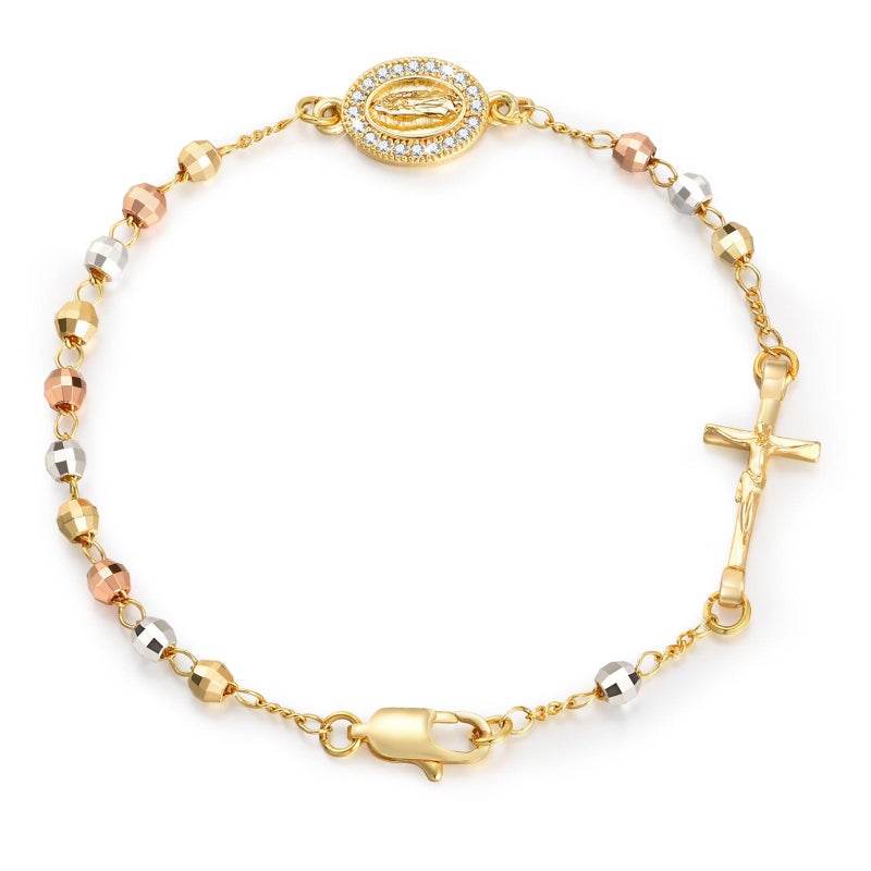 FLHEART Catholic Crucifix Gifts Rosary Bracelet for Women-14K gold plated Virgin Mary Jesus Cross Charm Link Chain, Dainty Virgen de Guadalupe Religious Gift for Confirmation Baptism First Communion Easter - Image 1