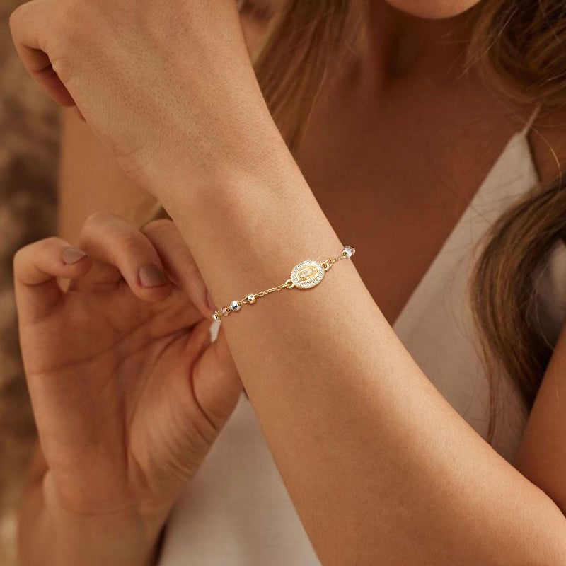 FLHEART Catholic Crucifix Gifts Rosary Bracelet for Women-14K gold plated Virgin Mary Jesus Cross Charm Link Chain, Dainty Virgen de Guadalupe Religious Gift for Confirmation Baptism First Communion Easter - Image 2